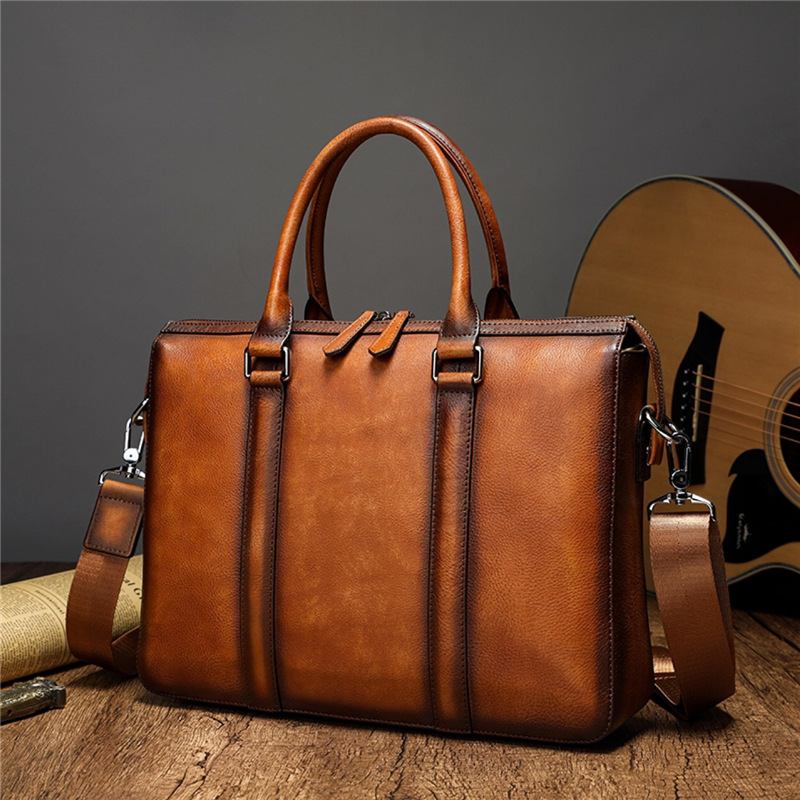 Leather Work Bag Mens - YETTIES Business Top Grain Leather Briefcase