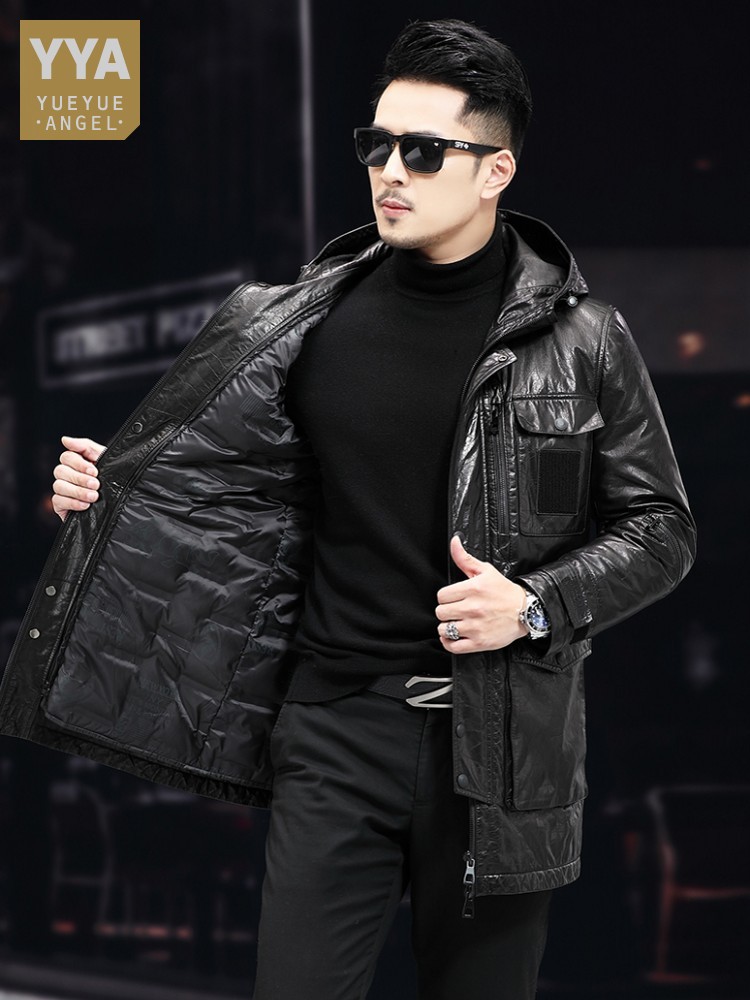 Men Winter Warm Mid Long Oil W - Leather Work Jacket With Hood 评论和价格