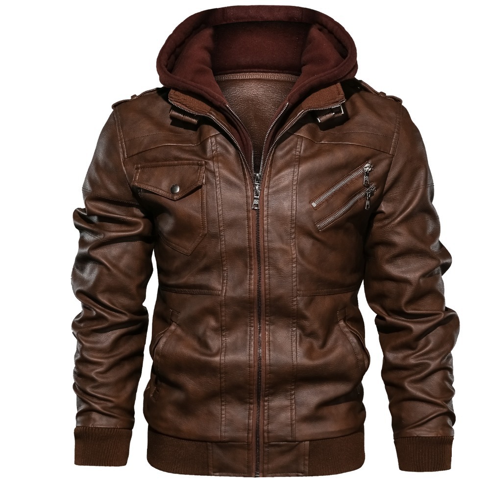 Men Hooded Coats Pu Jackets Zi - Leather Work Jacket With Hood 评论和价格