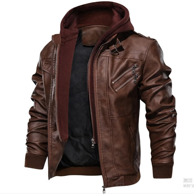 Men Hooded Coats Pu Jackets Zi - Leather Work Jacket With Hood 评论和价格