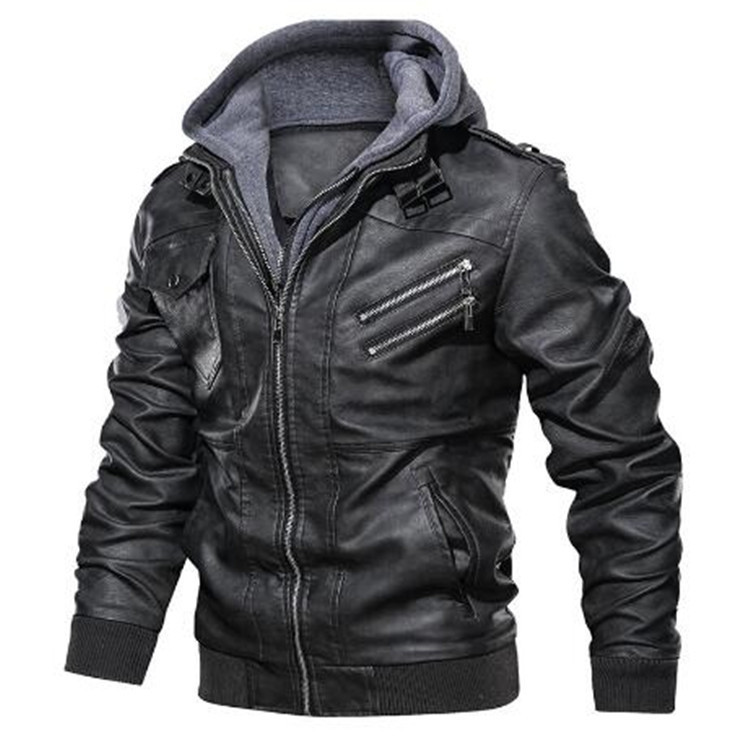 Men Hooded Coats Pu Jackets Zi - Leather Work Jacket With Hood 评论和价格