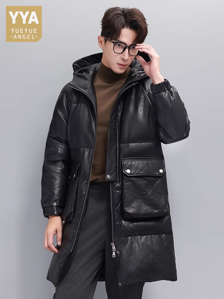 Winter Mens Warm Goose Down Ja - Leather Work Jacket With Hood 评论和价格