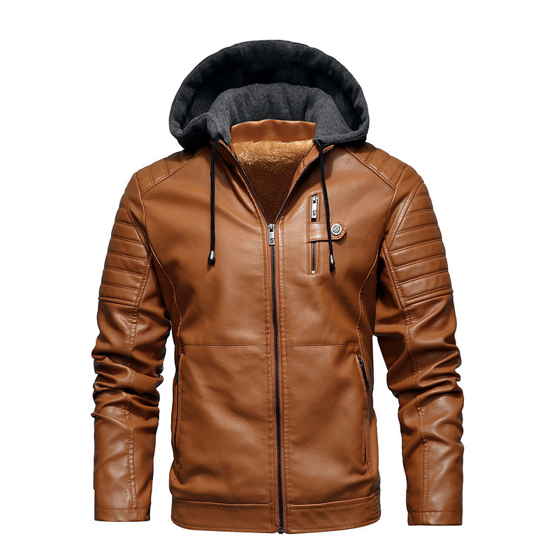 Men Hooded Coat Thick Warm Pu  - Leather Work Jacket With Hood 评论和价格