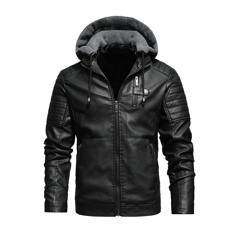 Men Hooded Coat Thick Warm Pu  - Leather Work Jacket With Hood 评论和价格