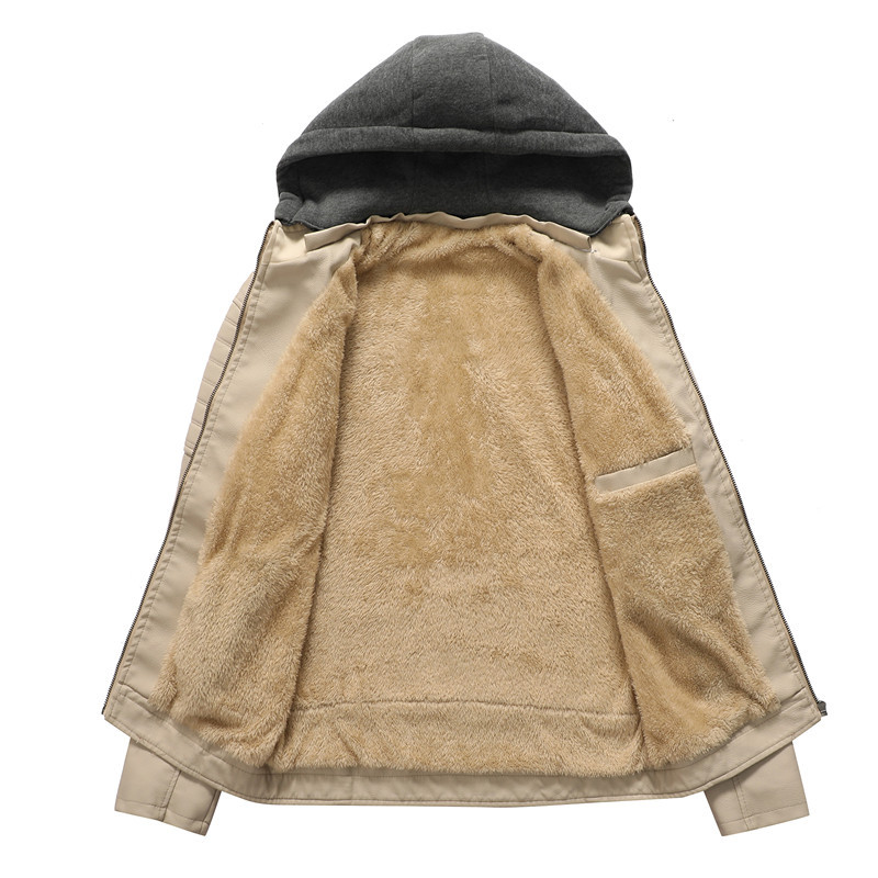 Men Hooded Coat Thick Warm Pu  - Leather Work Jacket With Hood 评论和价格