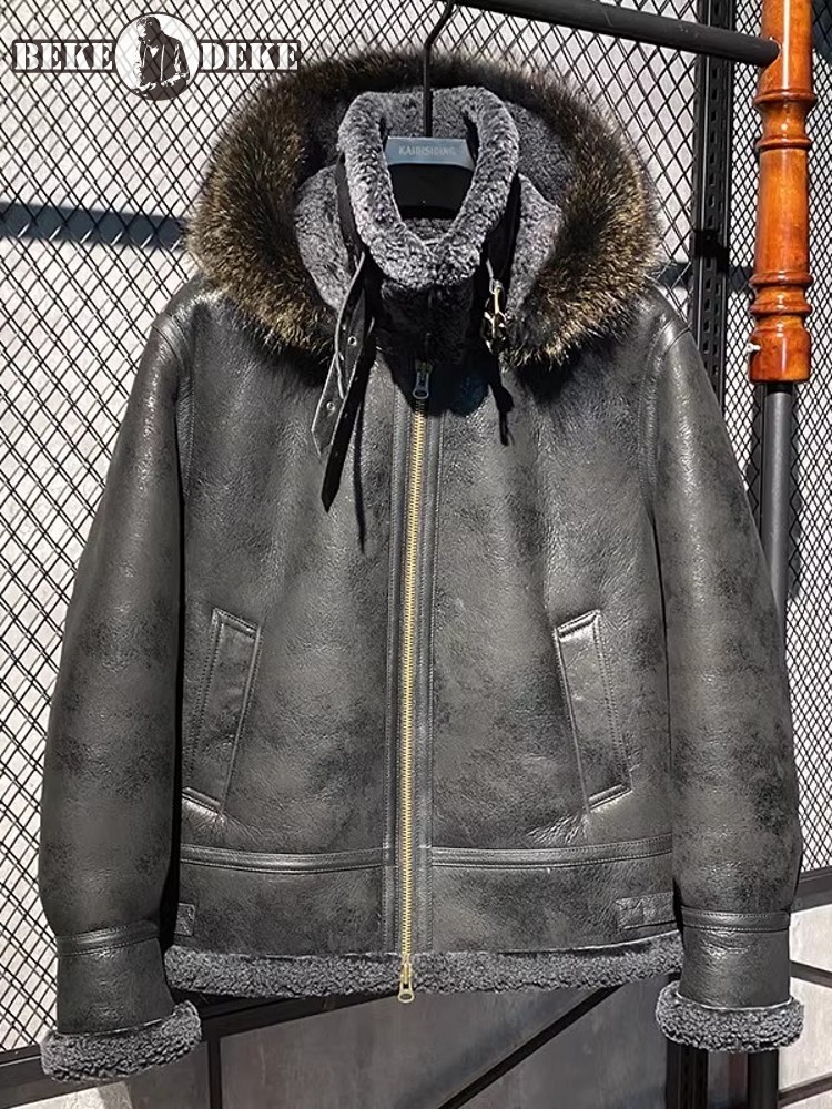 Men Winter Warm Wool Lining Sh - Leather Work Jacket With Hood 评论和价格