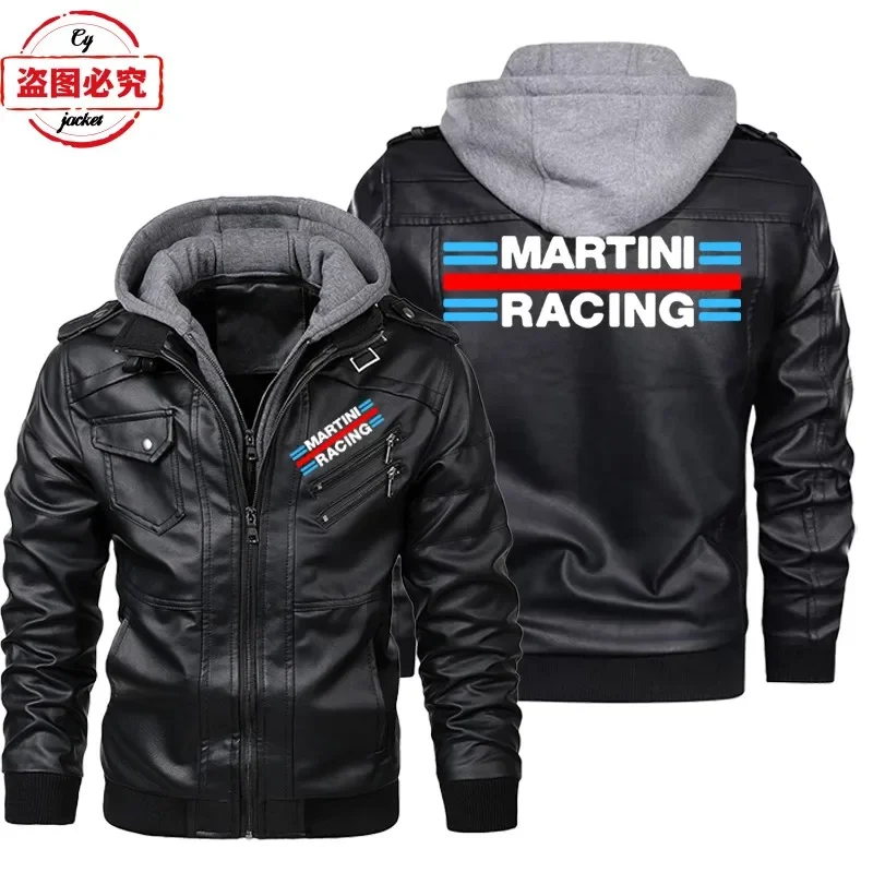 Martini Racing Logo Printed Ra - Leather Work Jacket With Hood 评论和价格